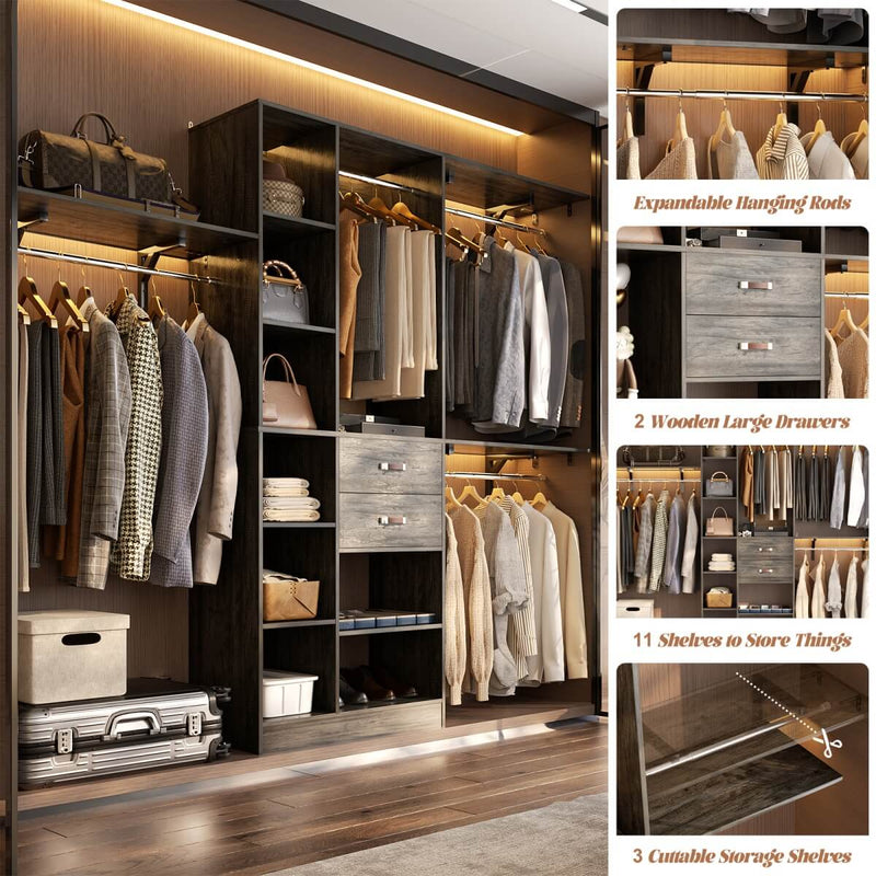 96'' Closet Organizer with 13 Shelves, DIY Closet System with Drawers and Hanging Rods