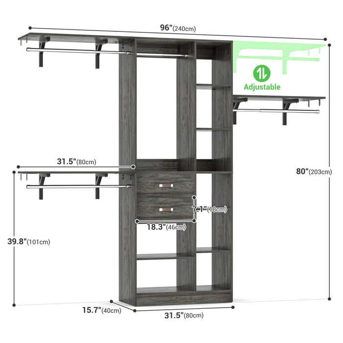 96'' Closet Organizer with 13 Shelves, DIY Closet System with Drawers and Hanging Rods