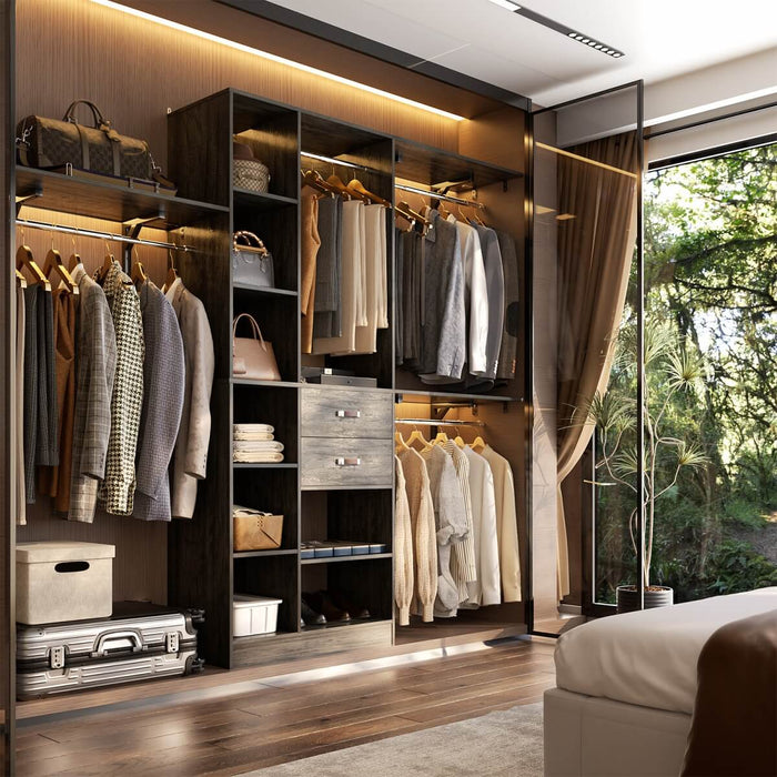 96'' Closet Organizer with 13 Shelves, DIY Closet System with Drawers and Hanging Rods