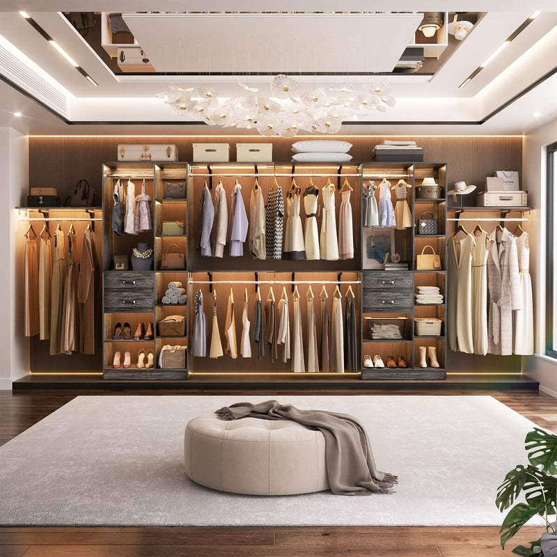 96'' Closet Organizer with 13 Shelves, DIY Closet System with Drawers and Hanging Rods