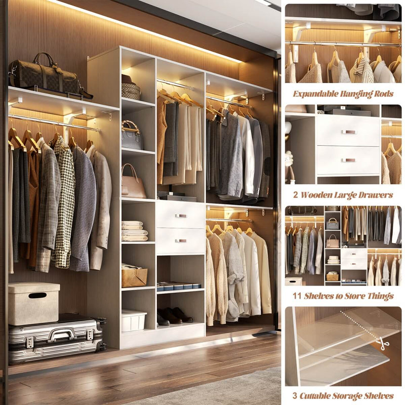 96'' Closet Organizer with 13 Shelves, DIY Closet System with Drawers and Hanging Rods