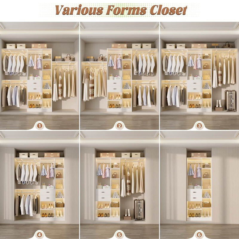 96'' Closet Organizer with 13 Shelves, DIY Closet System with Drawers and Hanging Rods