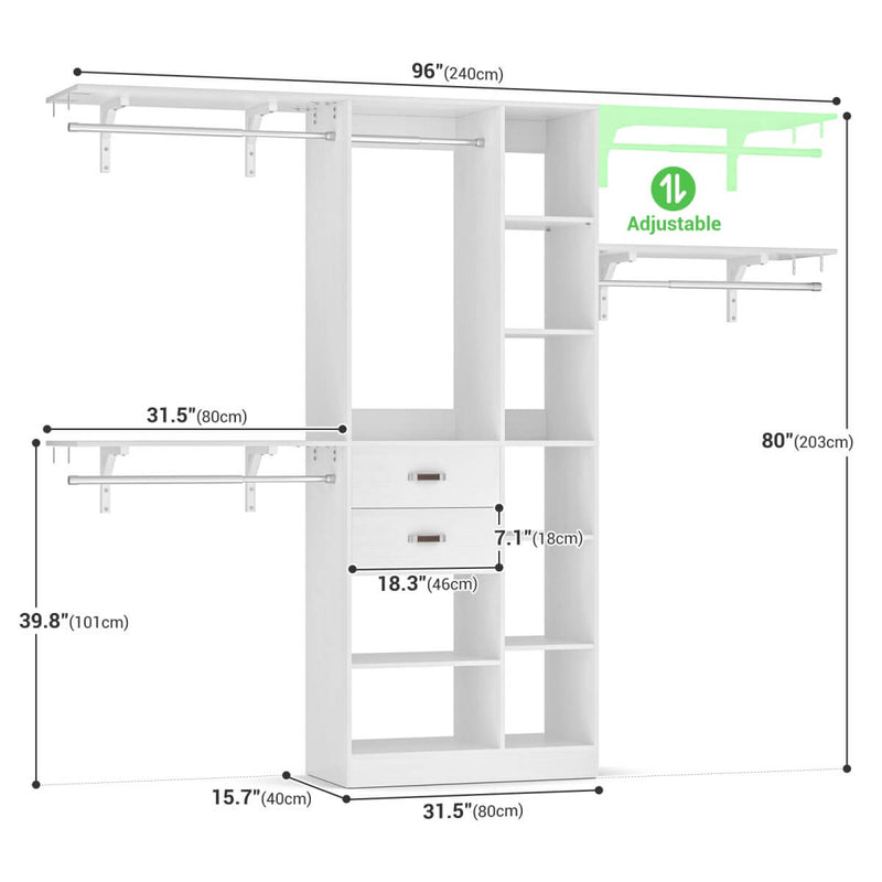 96'' Closet Organizer with 13 Shelves, DIY Closet System with Drawers and Hanging Rods