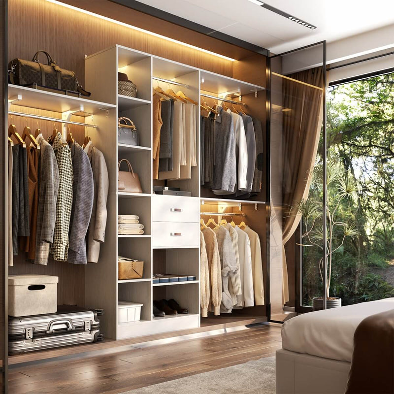 96'' Closet Organizer with 13 Shelves, DIY Closet System with Drawers and Hanging Rods