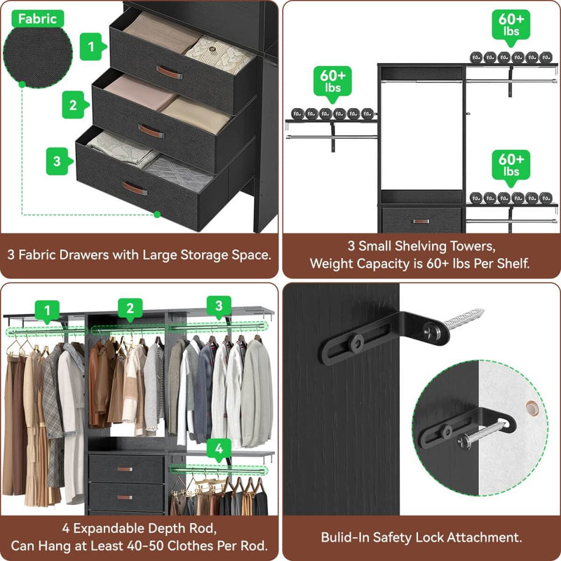 Aheaplus 60'' Closet System with 3 Fabric Drawers