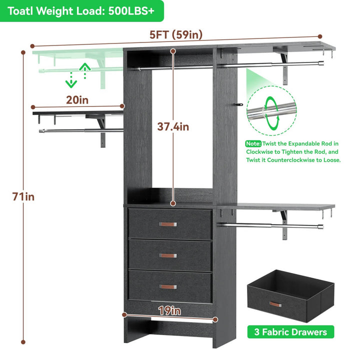 60'' Closet System with 3 Fabric Drawers