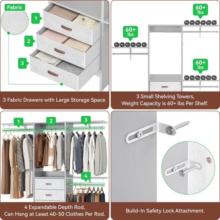 60'' Closet System with 3 Fabric Drawers