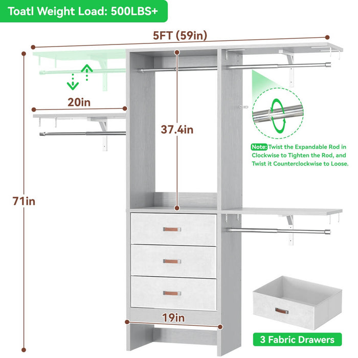 60'' Closet System with 3 Fabric Drawers