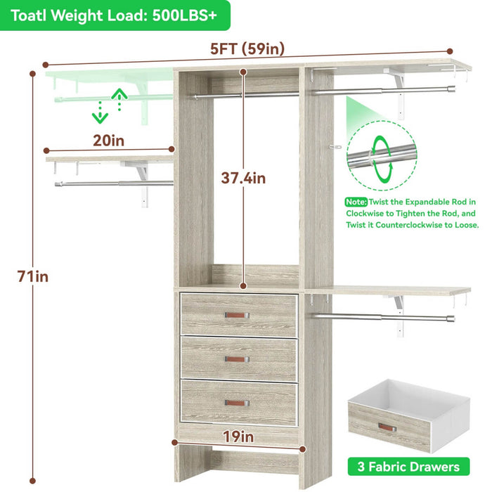 60'' Closet System with 3 Fabric Drawers