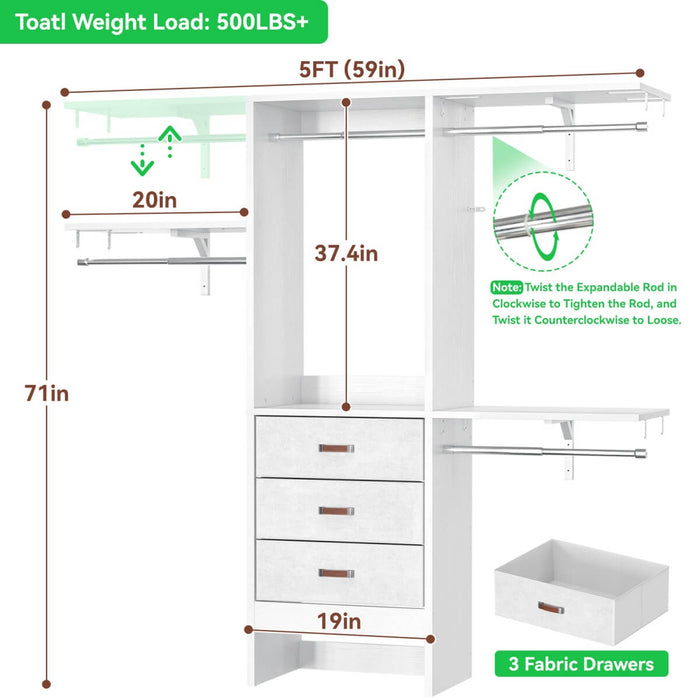 60'' Closet System with 3 Fabric Drawers
