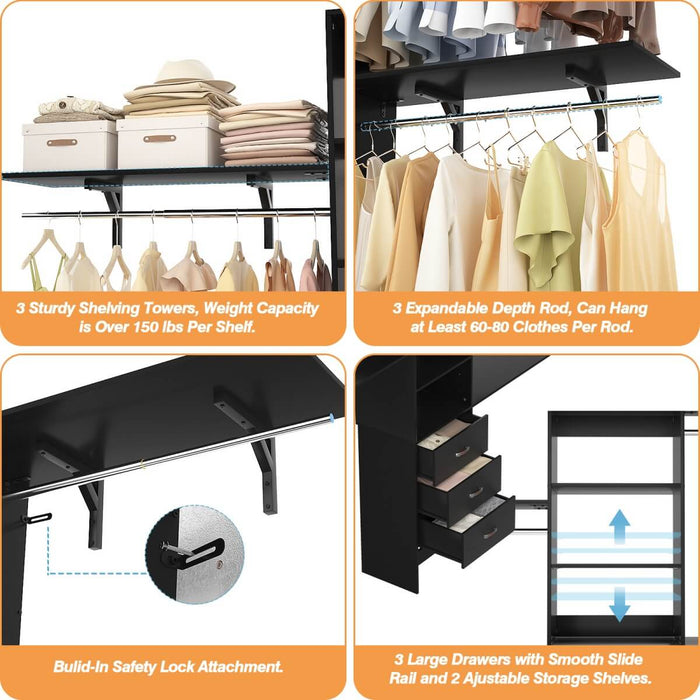 96'' Closet Organizer System with 3 Drawers and Shelf Towers