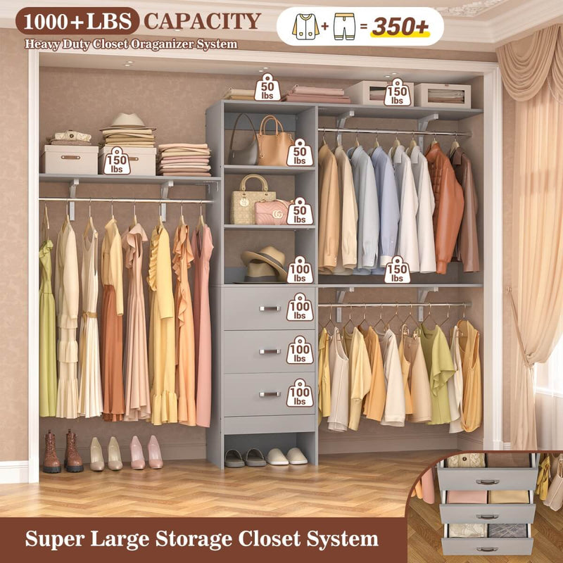 96'' Closet Organizer System with 3 Drawers and Shelf Towers