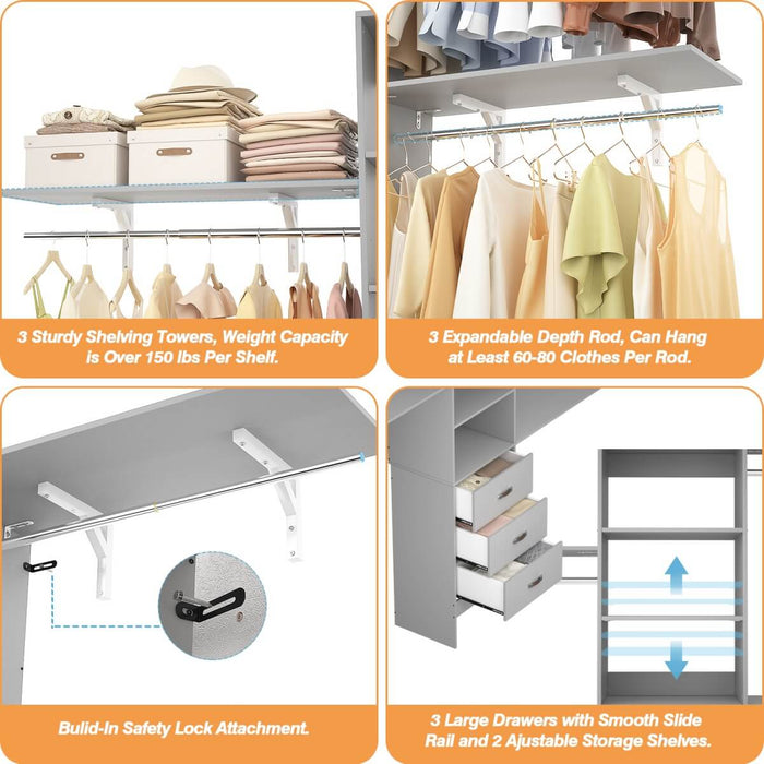96'' Closet Organizer System with 3 Drawers and Shelf Towers