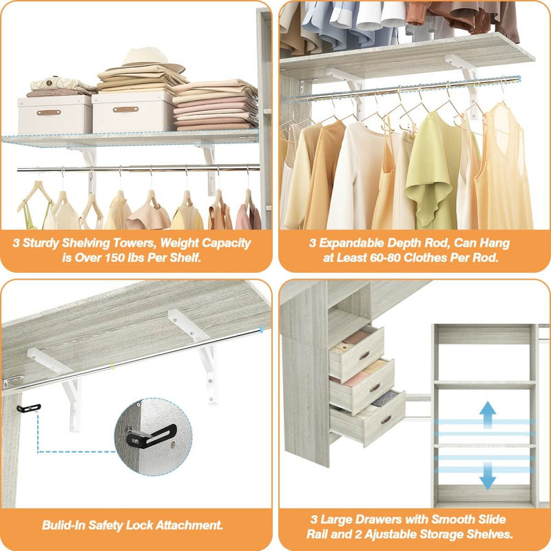 96'' Closet Organizer System with 3 Drawers and Shelf Towers