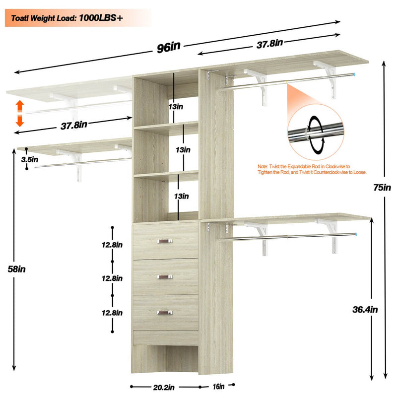 96'' Closet Organizer System with 3 Drawers and Shelf Towers