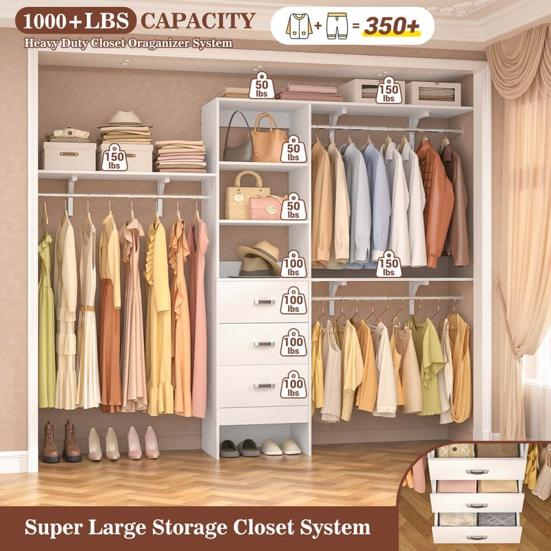 96'' Closet Organizer System with 3 Drawers and Shelf Towers