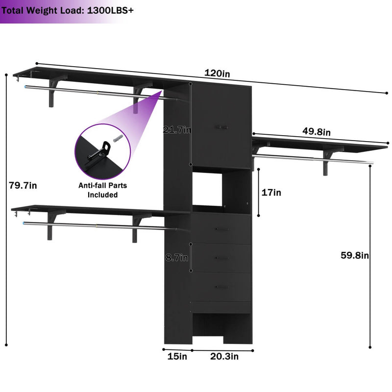20'' - 120'' Adjustable Wooden Closet System with Doors and Drawers