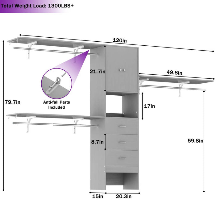 20'' - 120'' Adjustable Wooden Closet System with Doors and Drawers