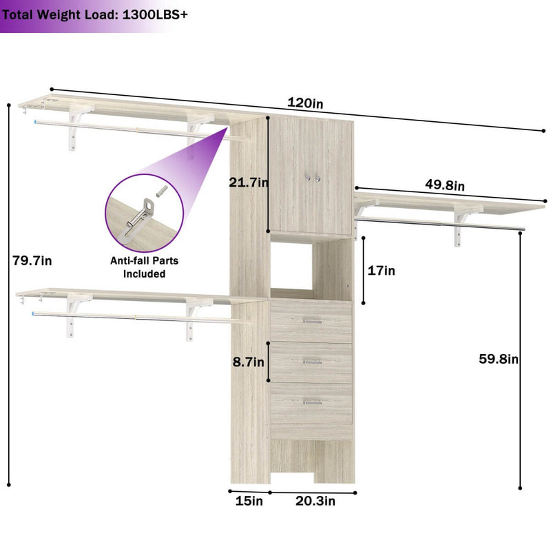 20'' - 120'' Adjustable Wooden Closet System with Doors and Drawers