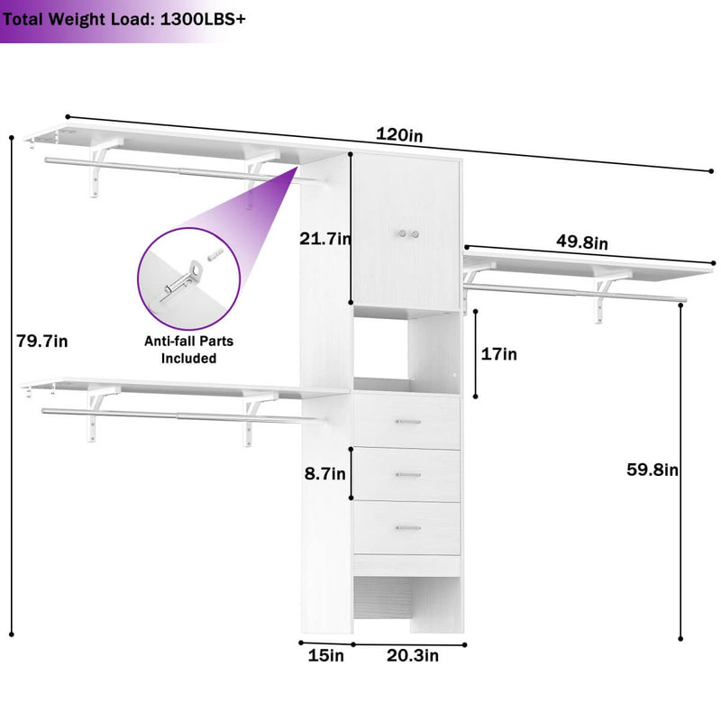 20'' - 120'' Adjustable Wooden Closet System with Doors and Drawers