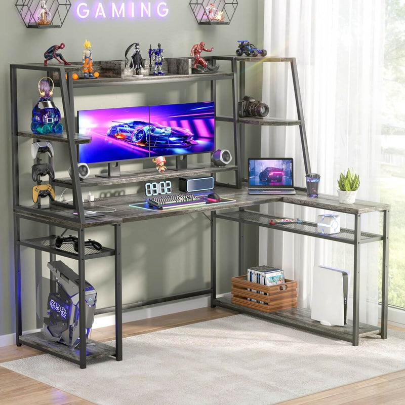 L Shaped Gaming Desk with Hutch, Corner Desk with Charge Station, LED Light