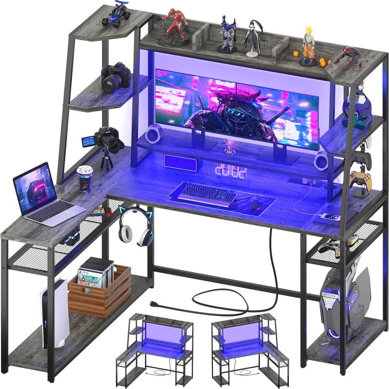 L Shaped Gaming Desk with Hutch, Corner Desk with Charge Station, LED Light