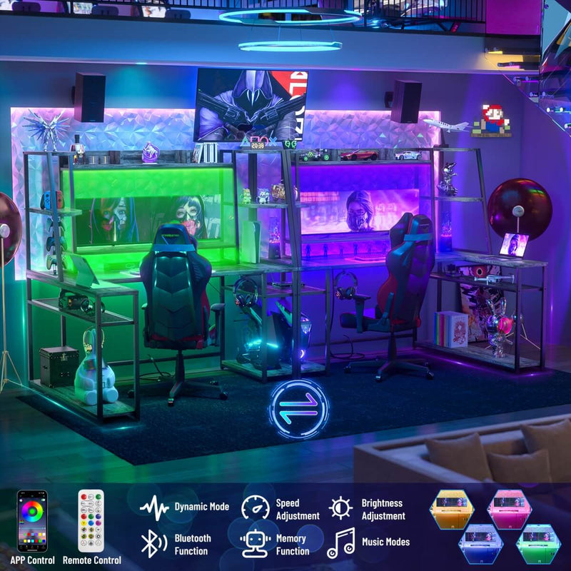 L Shaped Gaming Desk with Hutch, Corner Desk with Charge Station, LED Light