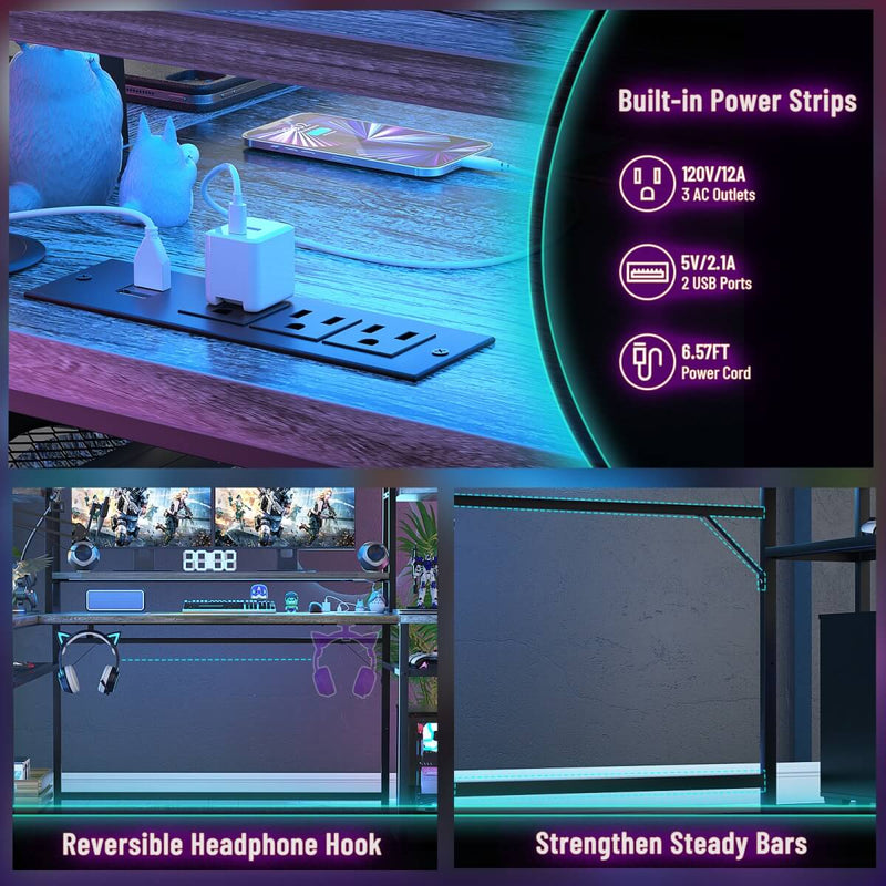 L Shaped Gaming Desk with Hutch, Corner Desk with Charge Station, LED Light