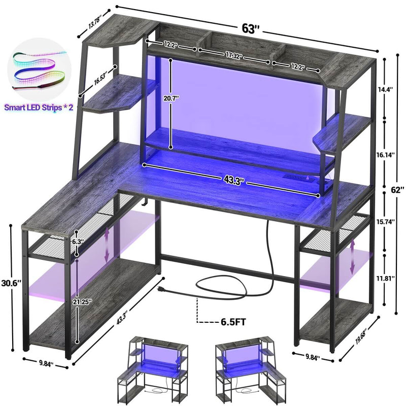 L Shaped Gaming Desk with Hutch, Corner Desk with Charge Station, LED Light