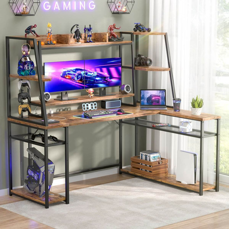 L Shaped Gaming Desk with Hutch, Corner Desk with Charge Station, LED Light