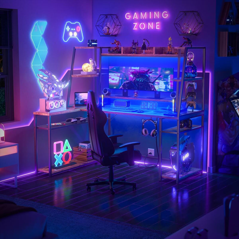 L Shaped Gaming Desk with Hutch, Corner Desk with Charge Station, LED Light