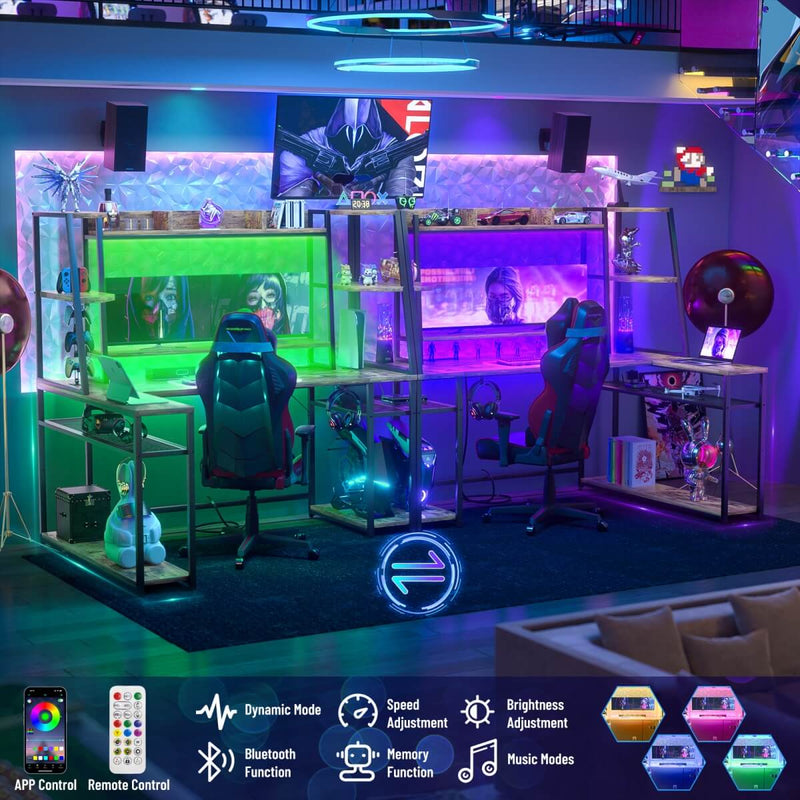 L Shaped Gaming Desk with Hutch, Corner Desk with Charge Station, LED Light