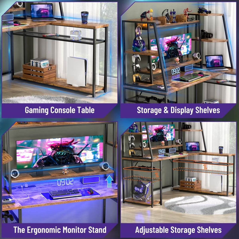 L Shaped Gaming Desk with Hutch, Corner Desk with Charge Station, LED Light