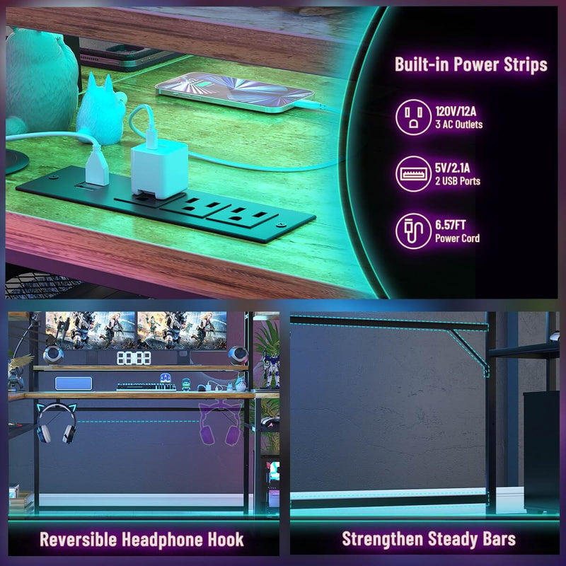 L Shaped Gaming Desk with Hutch, Corner Desk with Charge Station, LED Light