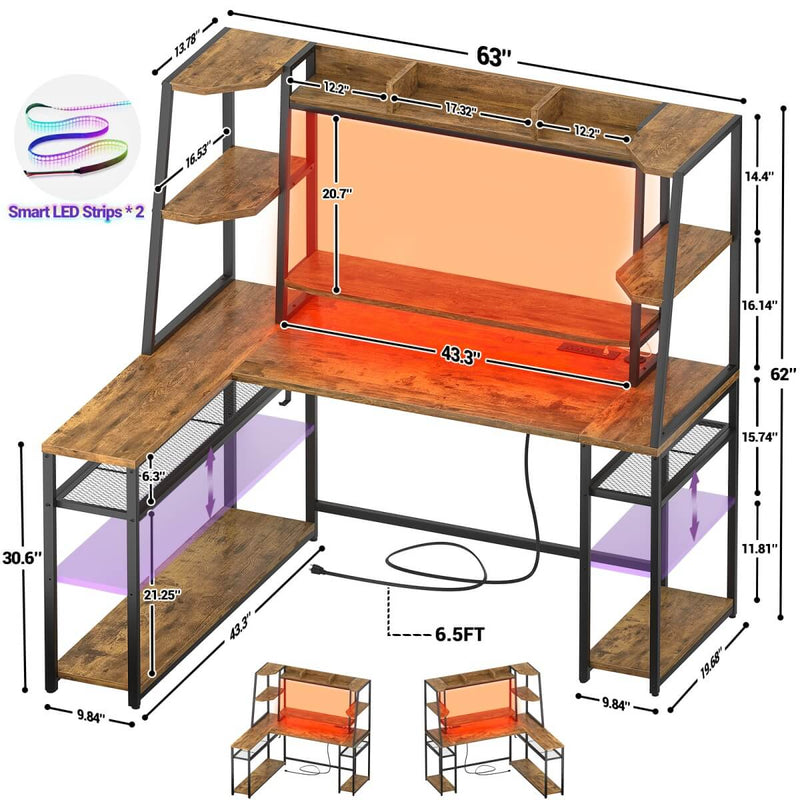 L Shaped Gaming Desk with Hutch, Corner Desk with Charge Station, LED Light