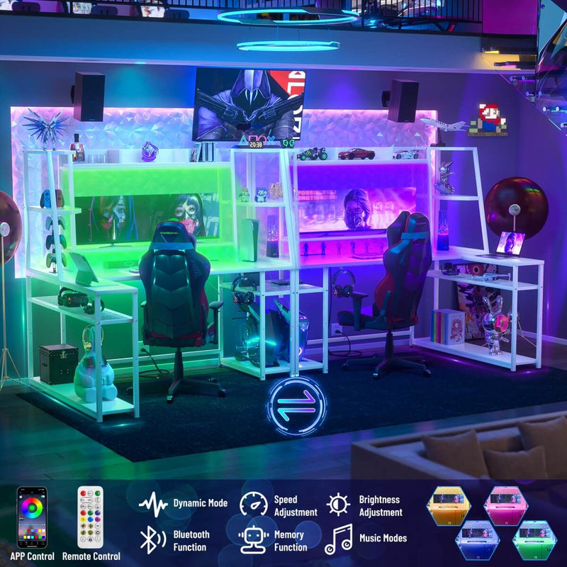 L Shaped Gaming Desk with Hutch, Corner Desk with Charge Station, LED Light