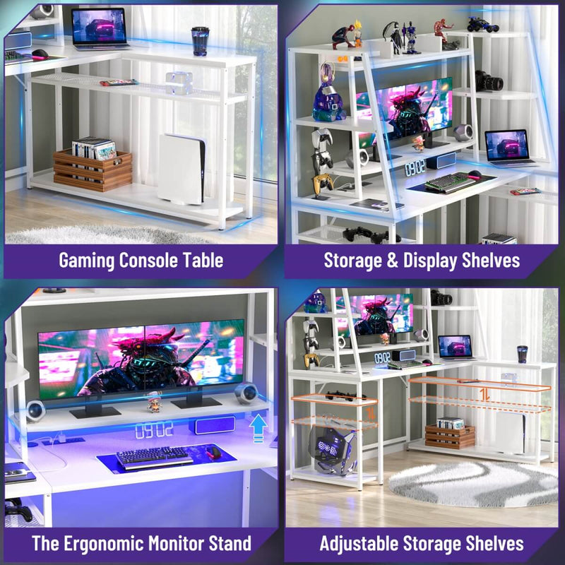 L Shaped Gaming Desk with Hutch, Corner Desk with Charge Station, LED Light