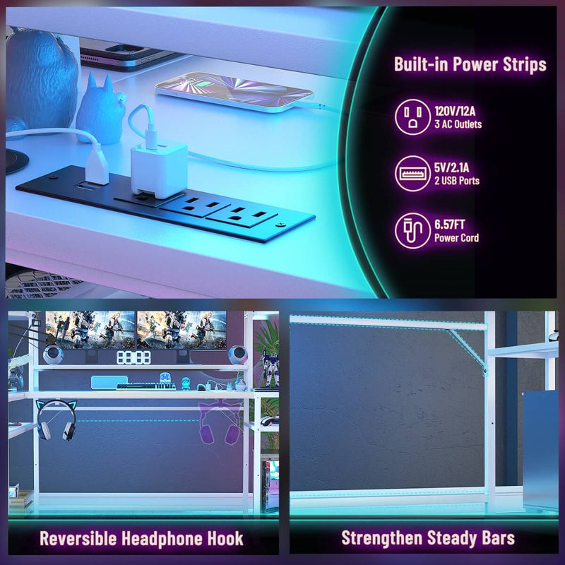 L Shaped Gaming Desk with Hutch, Corner Desk with Charge Station, LED Light