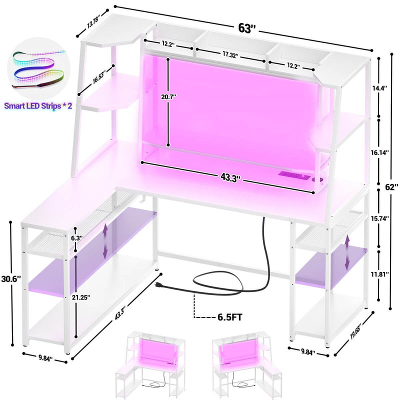L Shaped Gaming Desk with Hutch, Corner Desk with Charge Station, LED Light