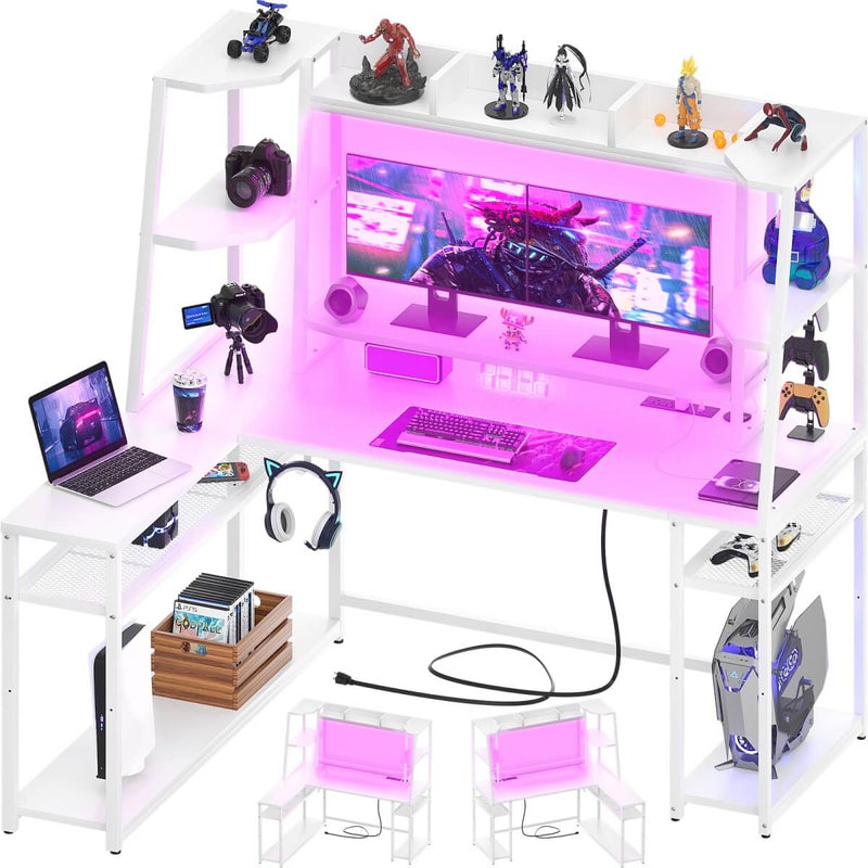 L Shaped Gaming Desk with Hutch, Corner Desk with Charge Station, LED Light