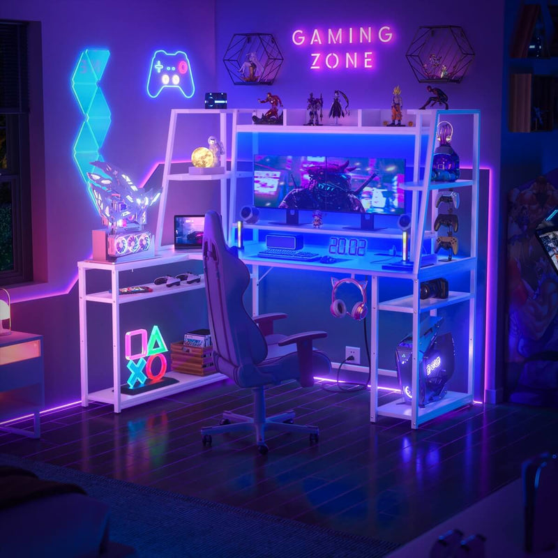 L Shaped Gaming Desk with Hutch, Corner Desk with Charge Station, LED Light