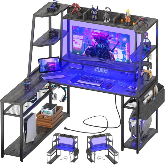L Shaped Desk with LED Lights & Charging Station, Corner Desk with Hutch & Shelves