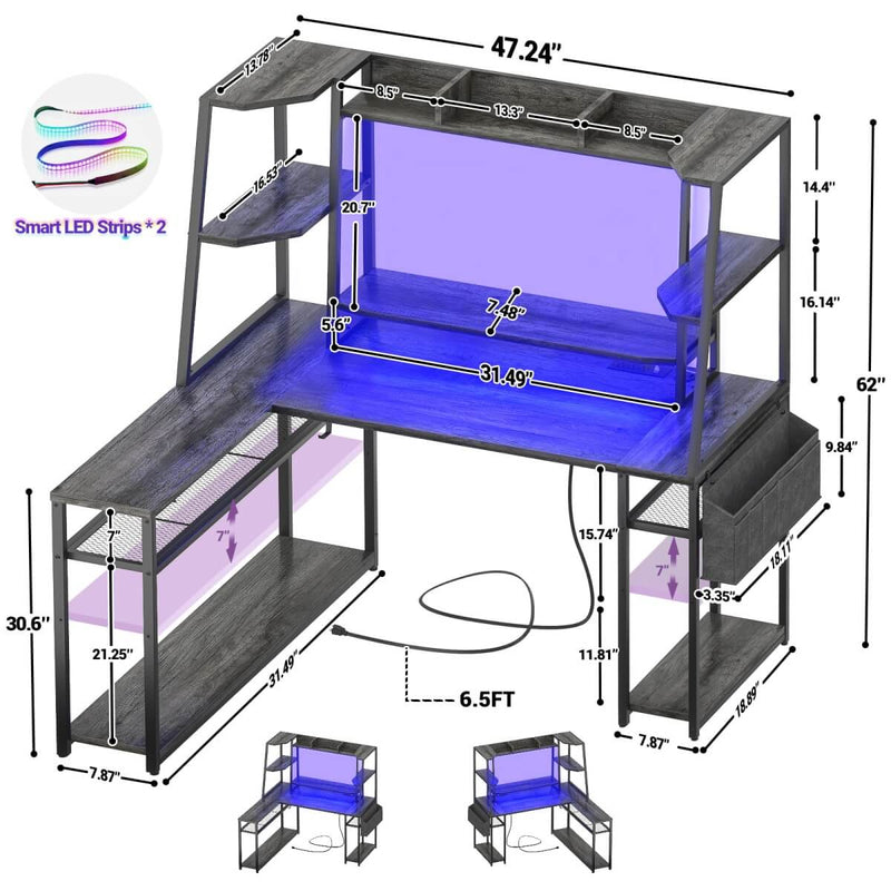 L Shaped Desk with LED Lights & Charging Station, Corner Desk with Hutch & Shelves