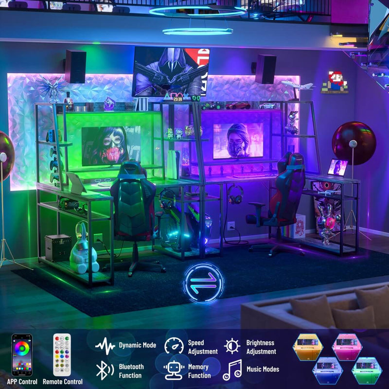 L Shaped Desk with LED Lights & Charging Station, Corner Desk with Hutch & Shelves