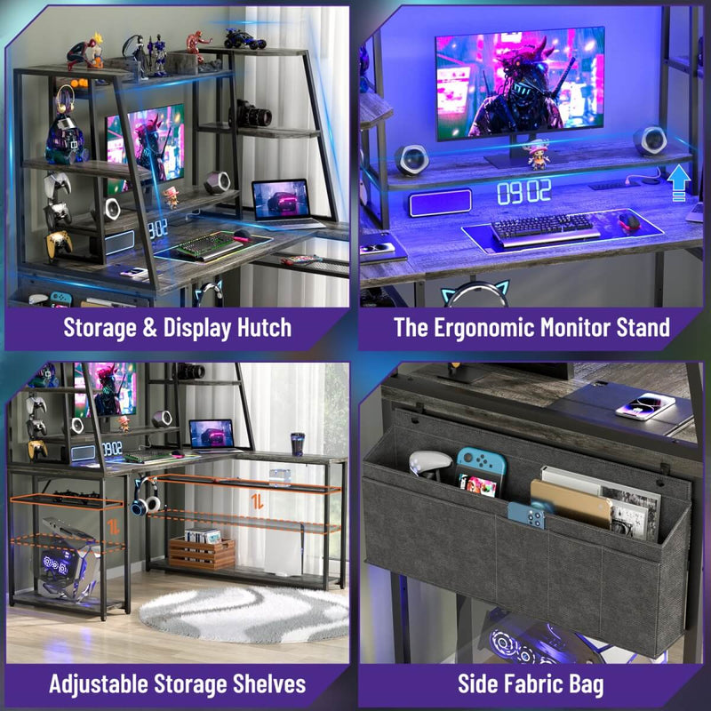 L Shaped Desk with LED Lights & Charging Station, Corner Desk with Hutch & Shelves