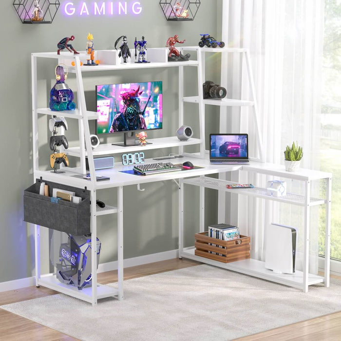 L Shaped Desk with LED Lights & Charging Station, Corner Desk with Hutch & Shelves