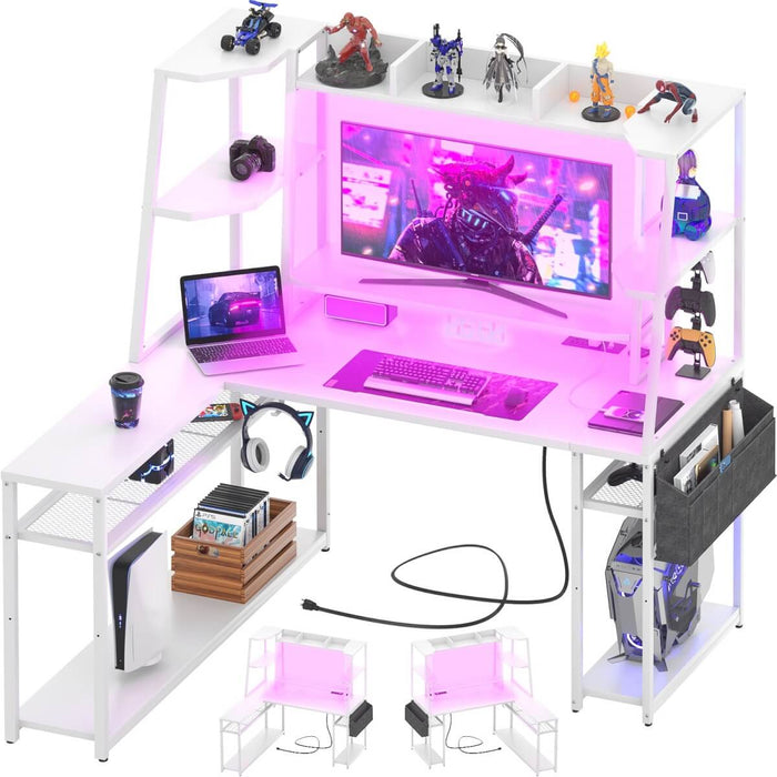 L Shaped Desk with LED Lights & Charging Station, Corner Desk with Hutch & Shelves