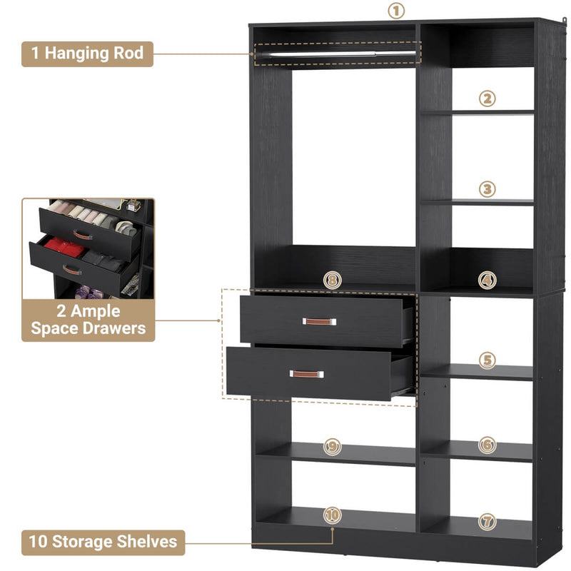 40'' W Freestanding Closet System Walk-in Closet Organizer with Drawers and Hanging Rod