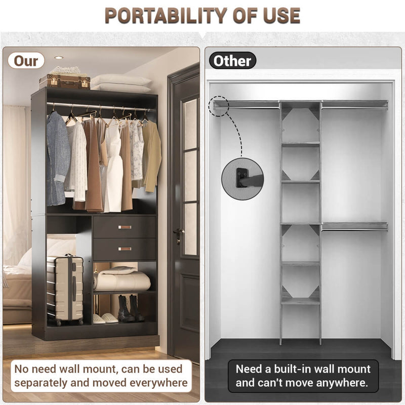 40'' Freestanding Closet Organizer System with Hanging Rods, Drawers, Storage Shelves