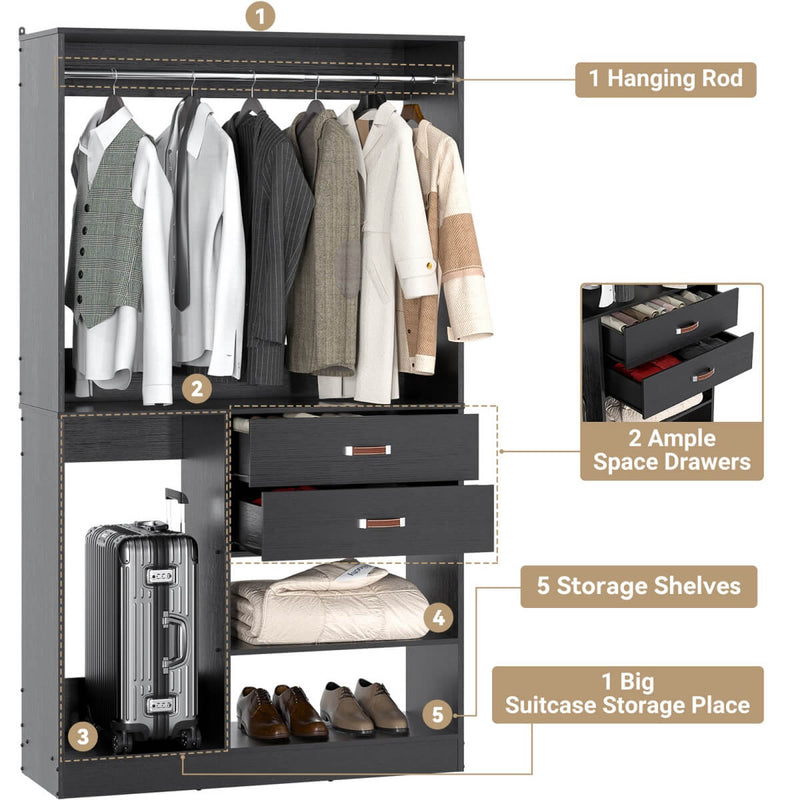 40'' Freestanding Closet Organizer System with Hanging Rods, Drawers, Storage Shelves